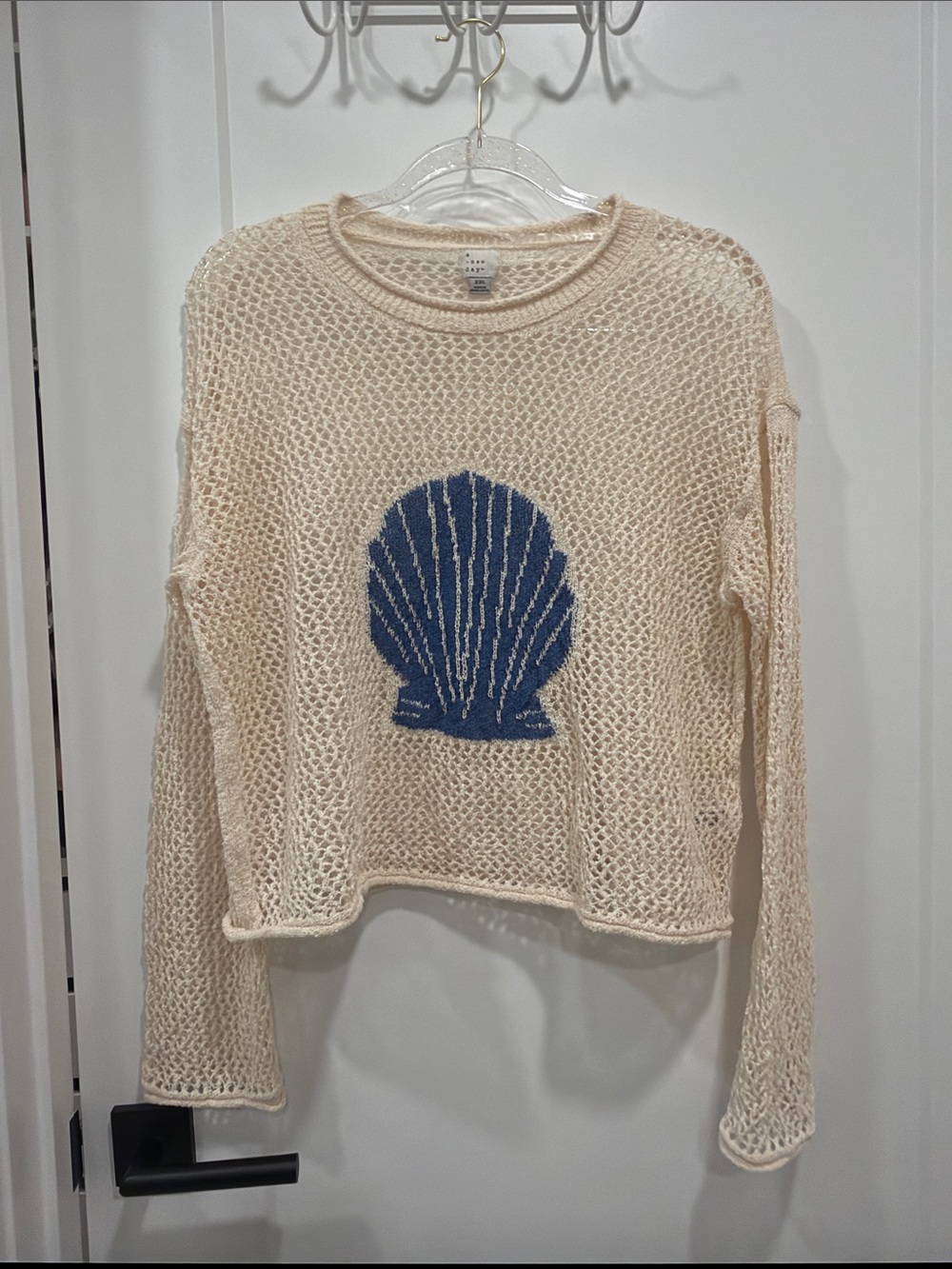 a new day Cream Open-Knit Sweater with Blue Shell Graphic